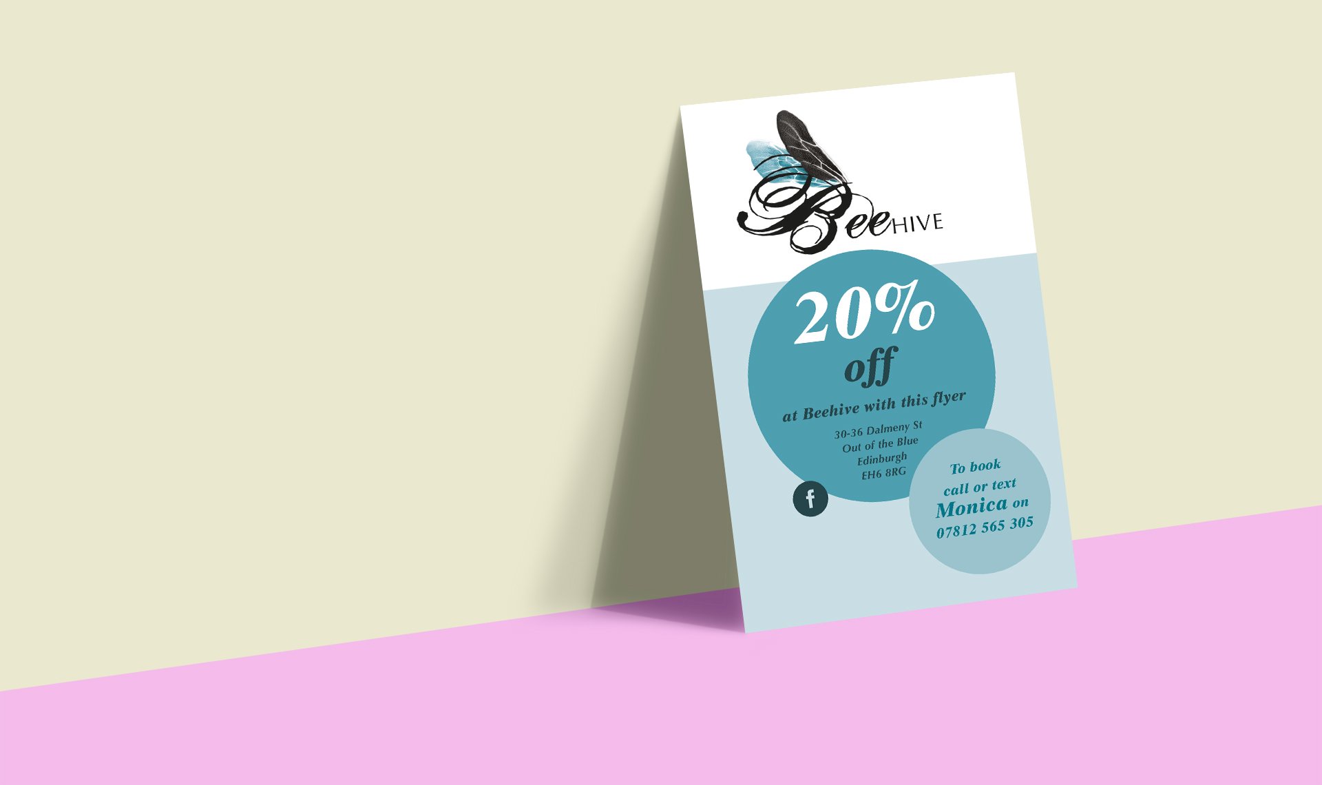 Beehive salon's designed leaflets for 20% off a cut, colour or style