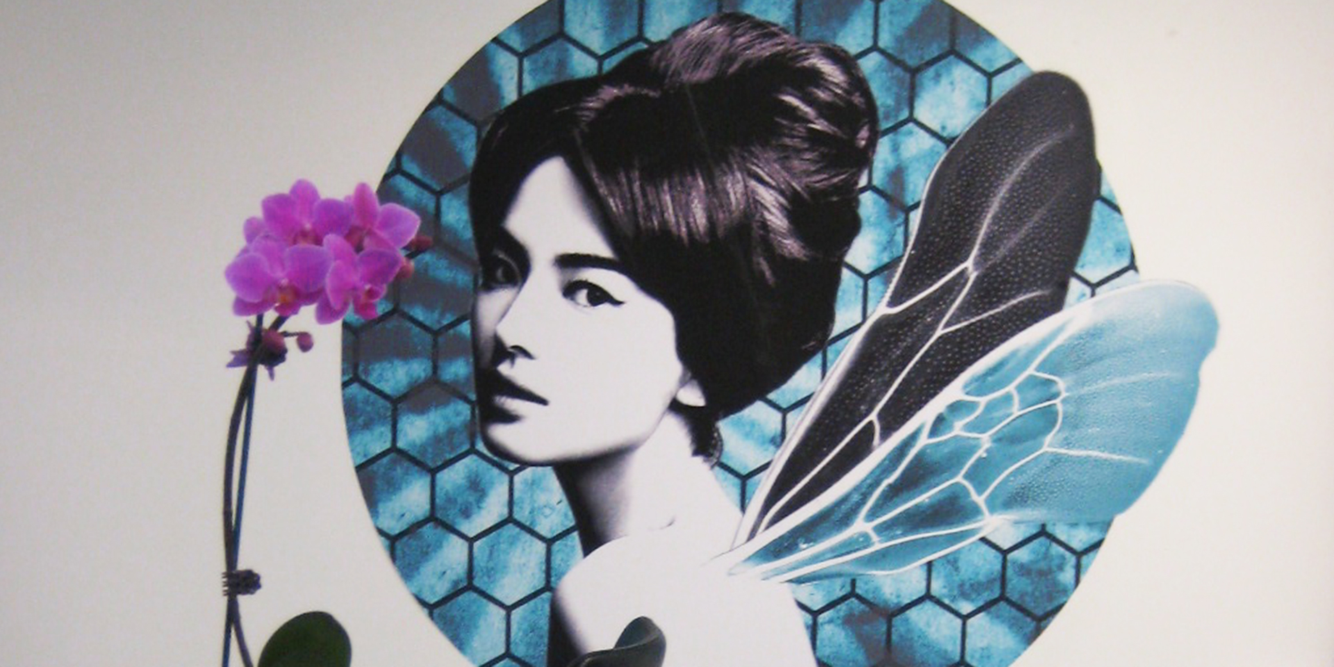 Beehive Salon Edinburgh Wall art of model with a beehive hairstyle and insect wings protruding from back