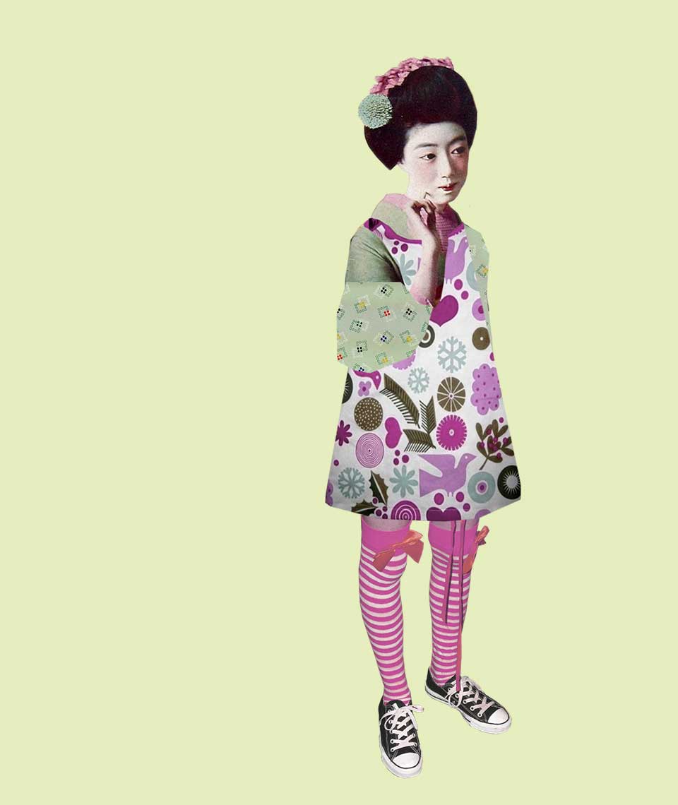 Geisha Girl character Luna wearing candy striped socks and Converse shoes