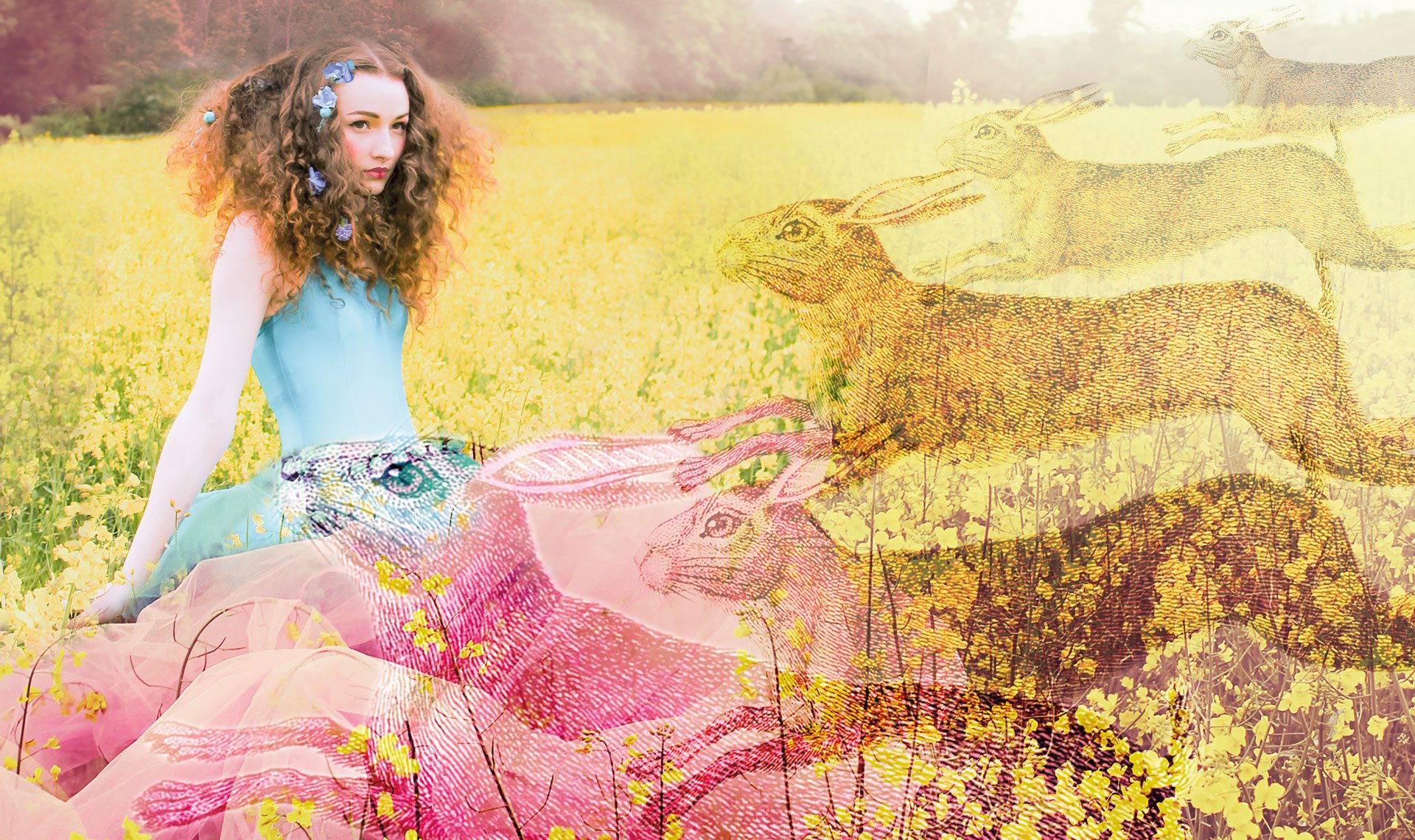 young woman in a turquoise sits in a field of yellow flowers with hares superimposed over the image