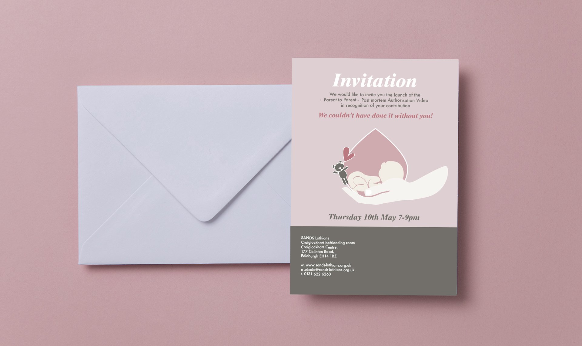 Invitation to Sands 'Parent to Parent' launch night concerning stillbirth and loss of child during pregnancy