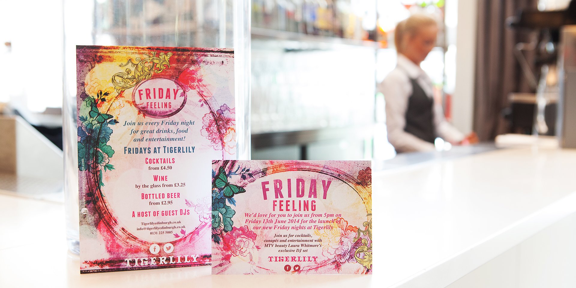 Beautiful floral inspired leaflets for Tigerlily Edinburgh 'Friday Feeling ' promotion nights